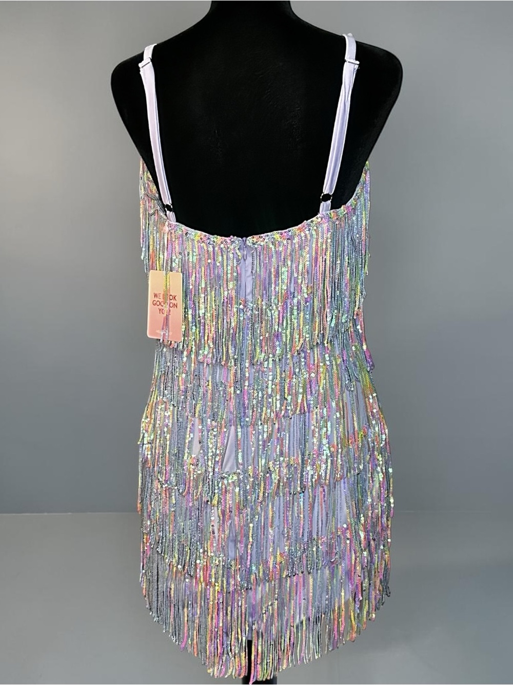 Hello Molly She’s A Showgirl Sequin Fringe Mini Dress Rainbow Pastel L NWT - Picture 3 of 12